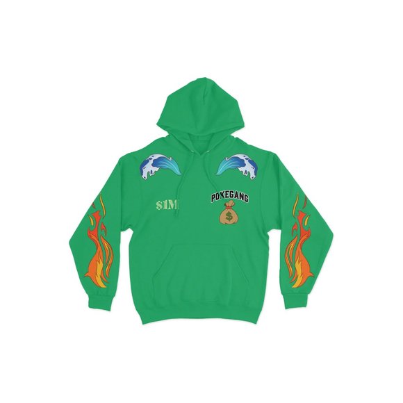 PokeGang Unisex Green Long Sleeve Side Kangaroo Pocket Pullover Fleece Hoodie - Picture 1 of 8